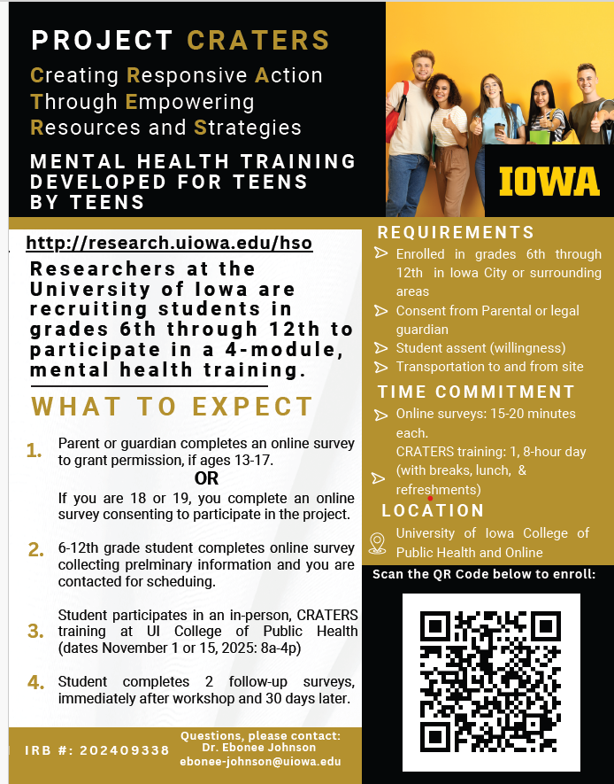 Project CRATERS recruitment flyer including information regarding how to sign up and also a QR code that links to the registration site for signing up.  Important information: contact Ebonee Johnson at ebonee-johnson@uiowa.edu or visit link: https://uiowa.qualtrics.com/jfe/form/SV_08MXMuGXjAHyv6C