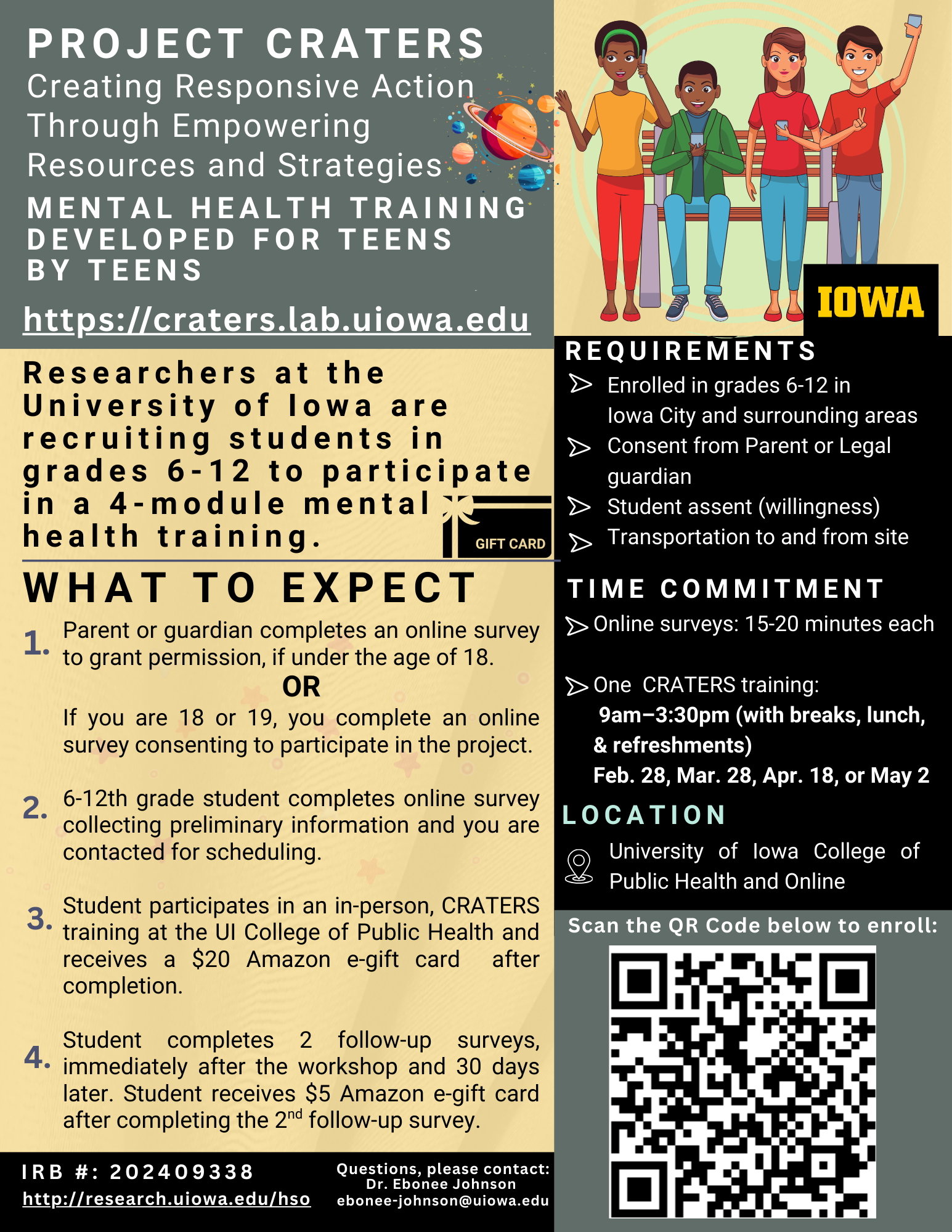 Recruitment flyer for Project CRATERS, 6-12 graders, mental health promotion 