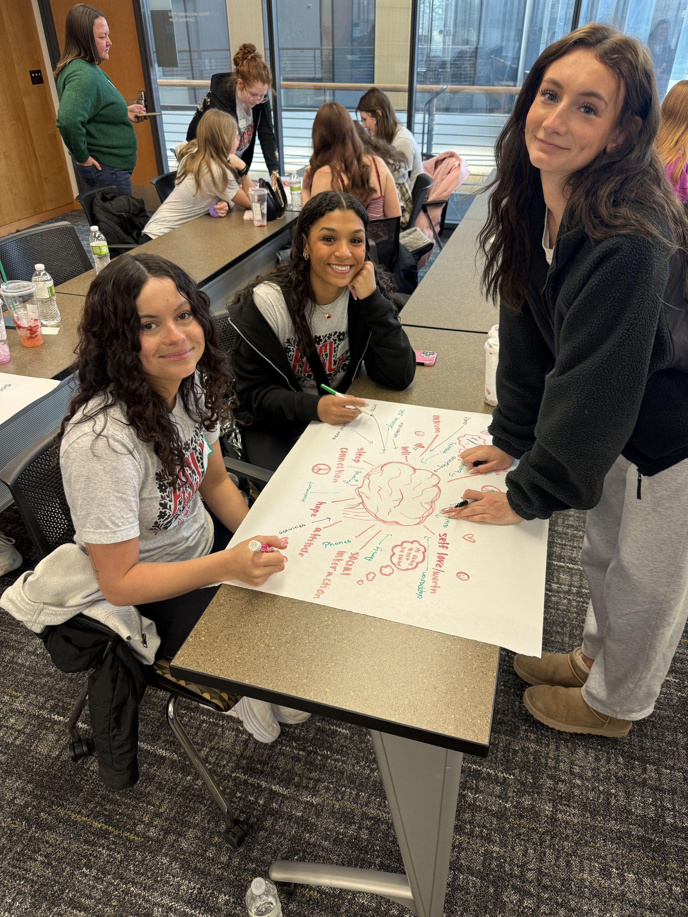 3 teens surrounding a mental health poster, creating the poster